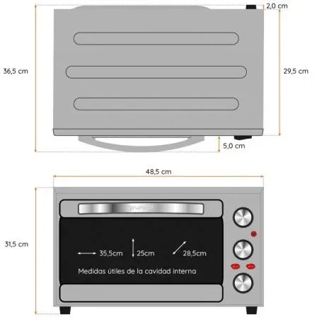 Grunkel HR-28SILVER Horno Eléctrico Multifunción de 28 Litros 1600W - Sobremesa, Convección, 3 Modos, 230°C, Temporizador 60 Min, Luz Interior, Color Plata